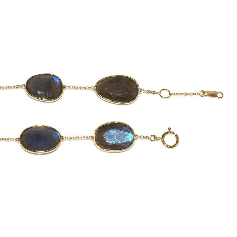 Mixed Shape Labradorite Single Line 18k Yellow Gold Adjustable Bracelet