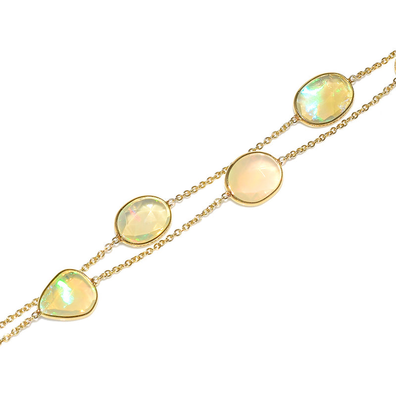 Mixed Shape Opal Double Line, 18k Yellow Gold Adjustable Bracelet