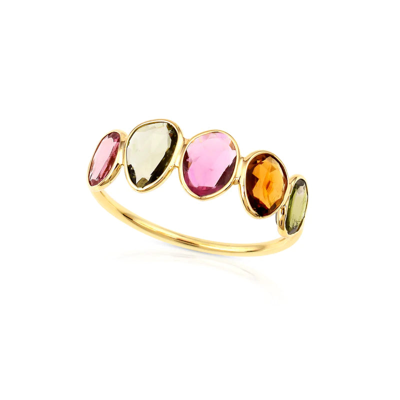 Five Stone Gemstone Cut-Stone Band, Yellow Gold