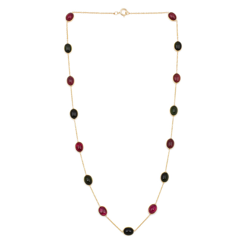 Dark Green and Red Tourmaline Cabochon Necklace, 18K Gold
