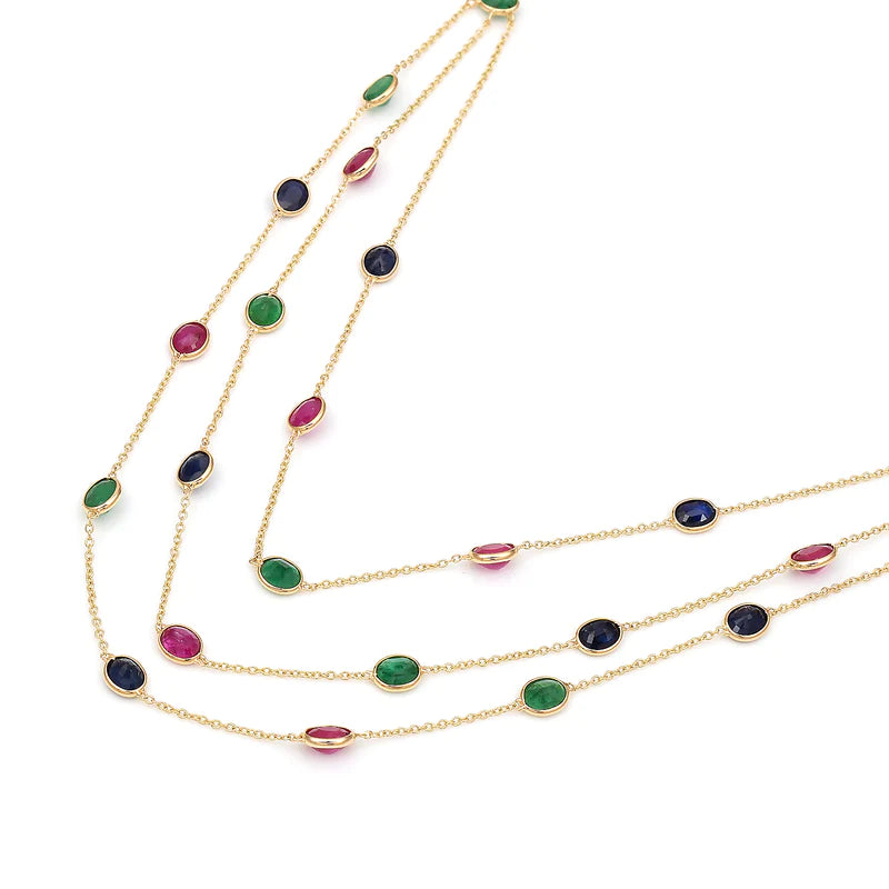 Oval Precious Gemstone Triple Layer Necklace, 18k