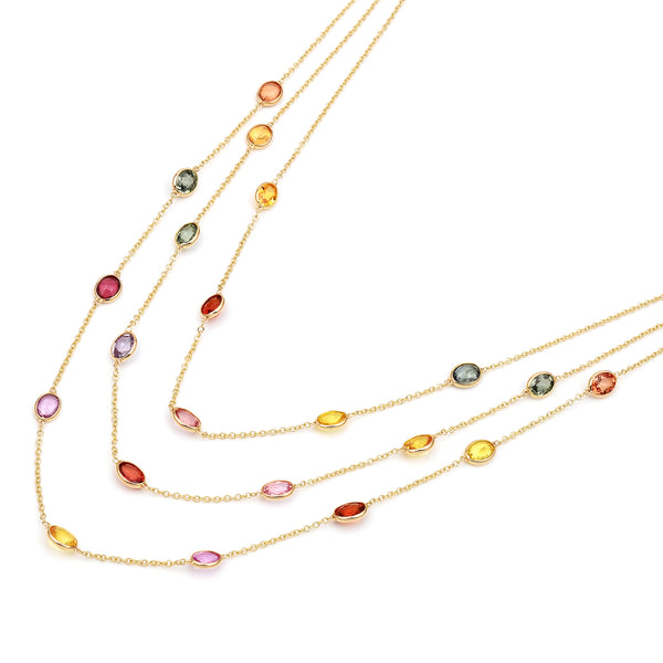 Oval Precious Gemstone Triple Layer Necklace, 18k