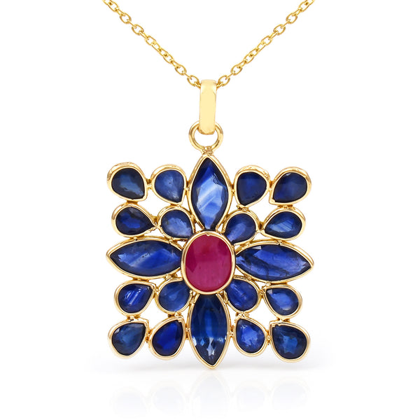 Pear and Marquise Sapphires with Oval Ruby Square-Shape Pendant, Yellow Gold