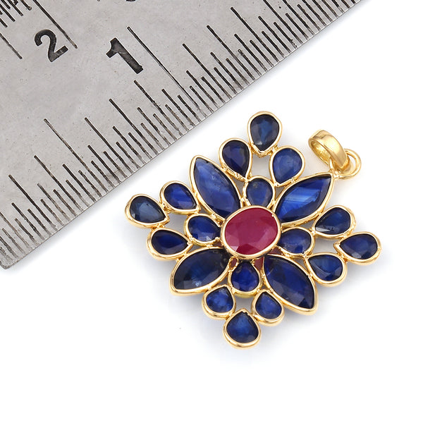 Pear and Marquise Sapphires with Oval Ruby Square-Shape Pendant, Yellow Gold