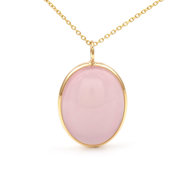 Oval Shape Pink Moonstone Pendant, 18K Yellow Gold