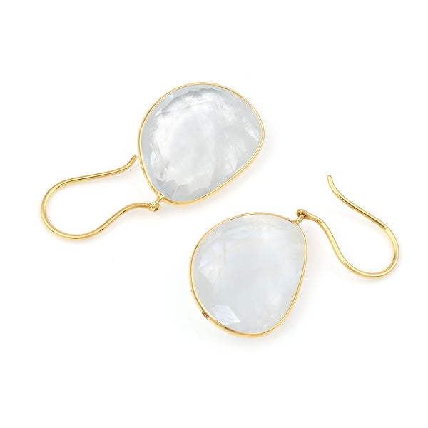White Rainbow Moonstone Earrings, 18K Yellow Gold