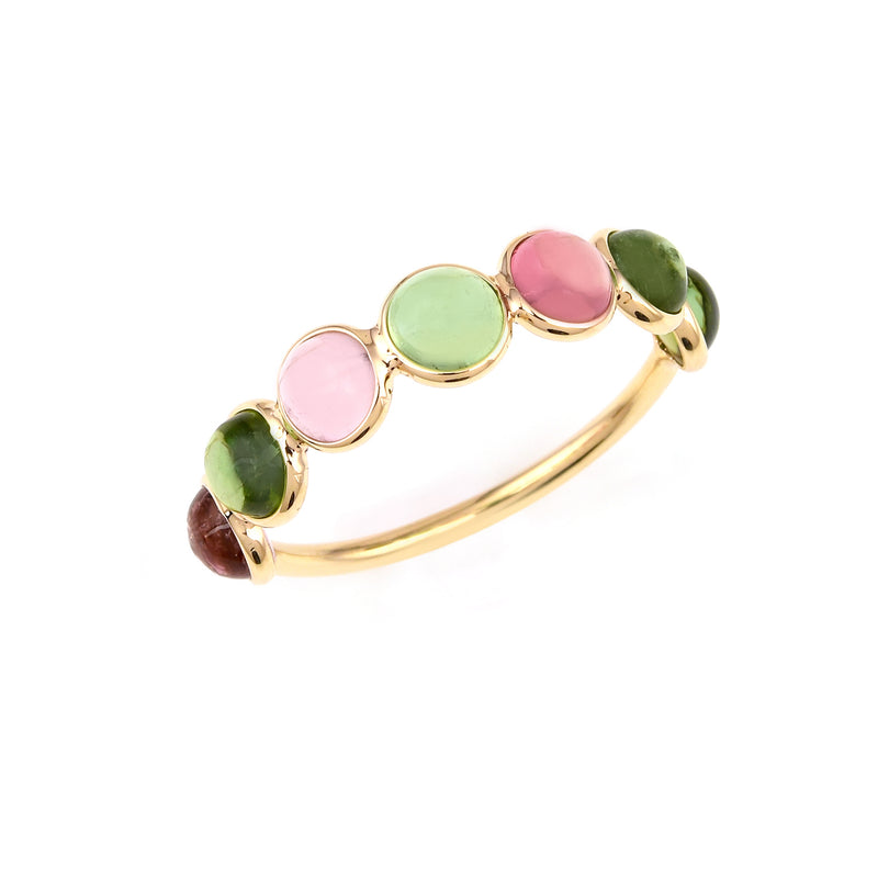 Single Line Round Tourmaline Cabochon Band, 18K Yellow Gold