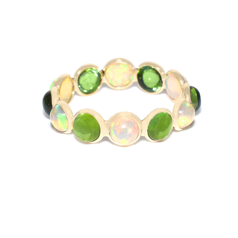 Opal and Green Tourmaline Round Cabochon Band, Yellow Gold