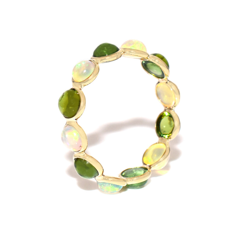 Opal and Green Tourmaline Round Cabochon Band, Yellow Gold