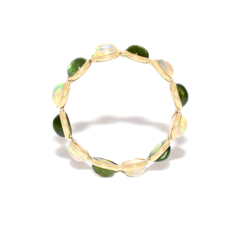 Opal and Green Tourmaline Round Cabochon Band, Yellow Gold