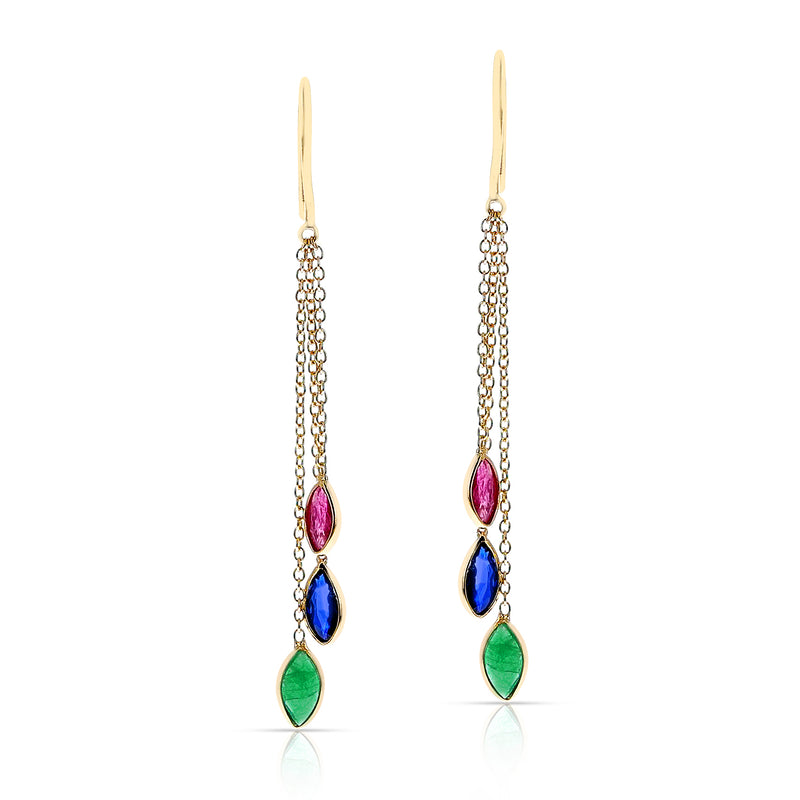 Ruby, Sapphire, Emerald  Pear Shape Dangling Earrings made in 18 Karat Yellow Gold.