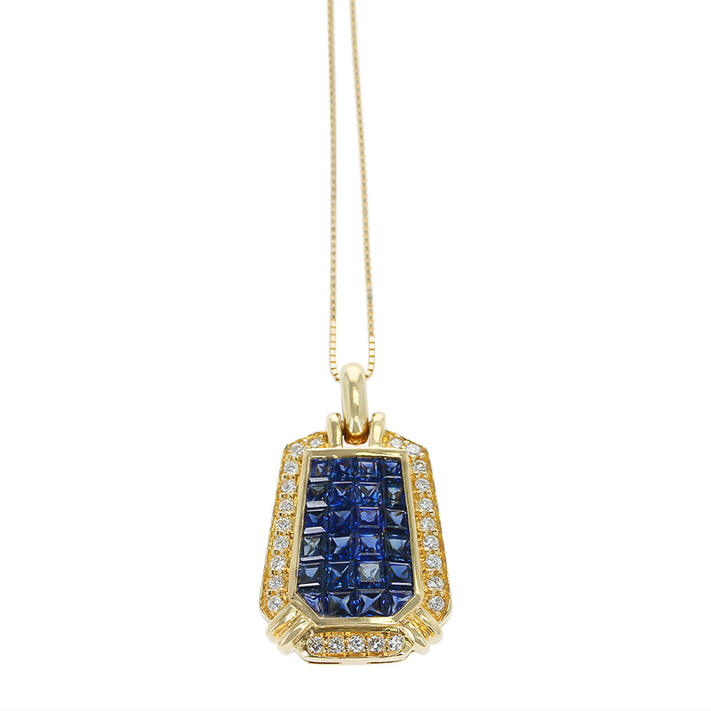 Elongated Hexagonal Mystery Set Sapphire and Diamond Pendant Necklace, 18K Yellow Gold