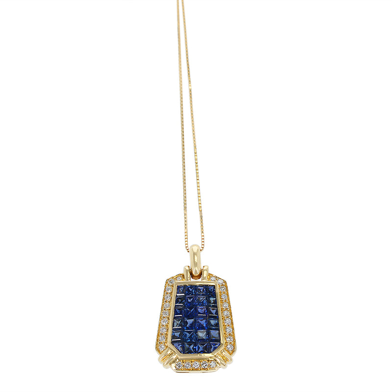 Elongated Hexagonal Mystery Set Sapphire and Diamond Pendant Necklace, 18K Yellow Gold