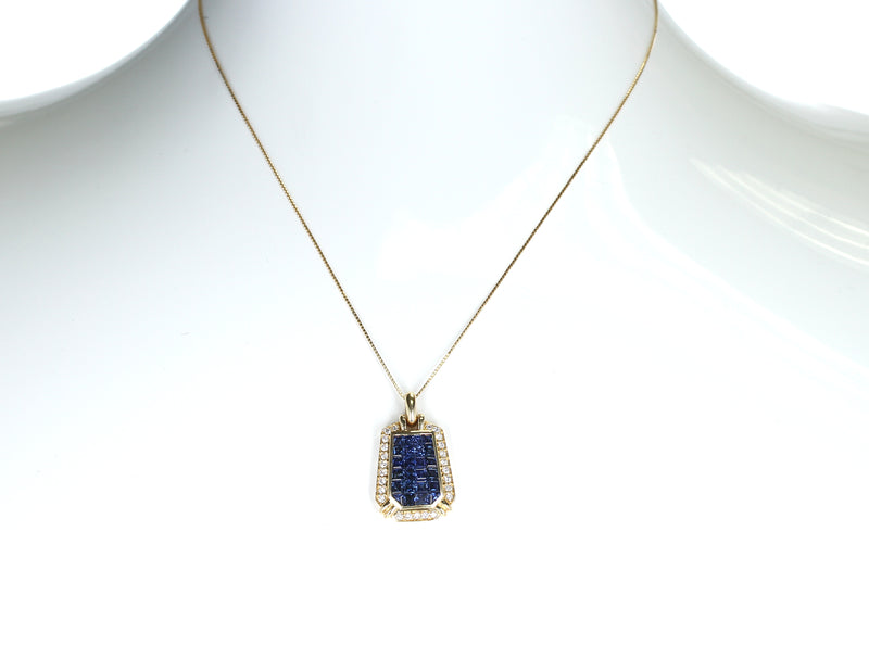 Elongated Hexagonal Mystery Set Sapphire and Diamond Pendant Necklace, 18K Yellow Gold