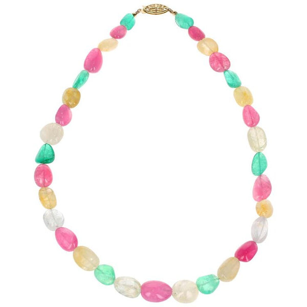 Emerald, Yellow Sapphire and Pink Tourmaline Tumbled Beads, Yellow Gold Necklace