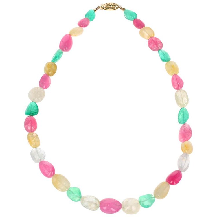 Emerald Yellow Sapphire and Pink Tourmaline Yellow Gold Necklace