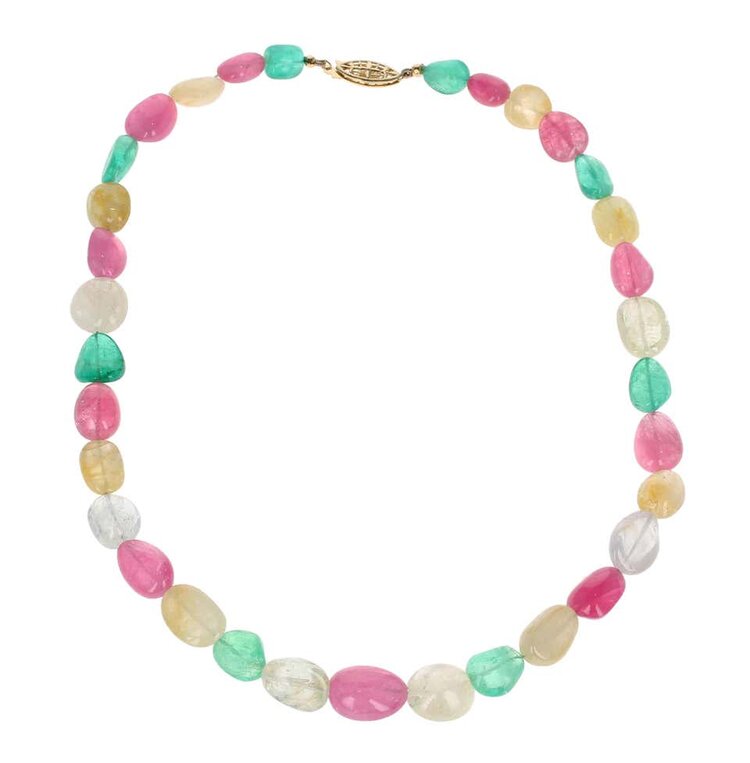 Emerald, Yellow Sapphire and Pink Tourmaline Tumbled Beads, Yellow Gold Necklace