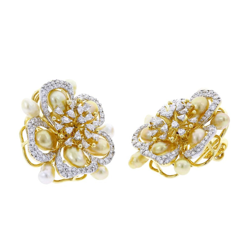 Fine Floral Pearl and Diamond Earrings, 18K Yellow Gold