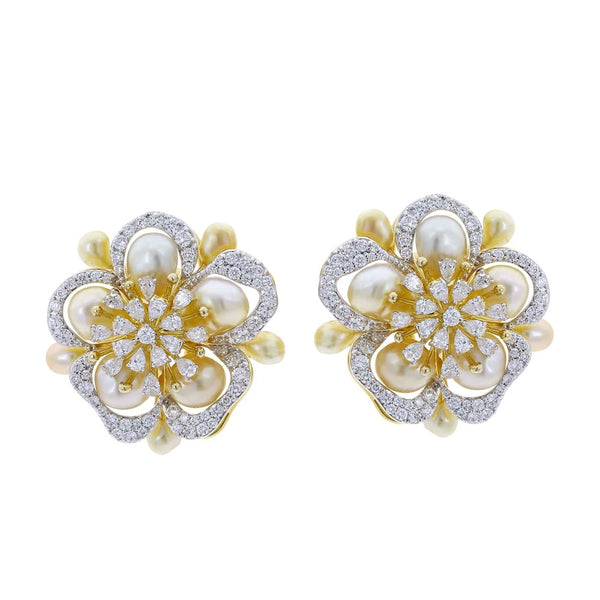 Fine Floral Pearl and Diamond Earrings, 18K Yellow Gold
