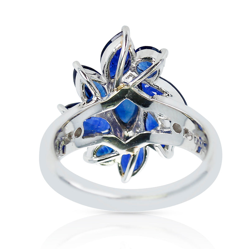 Marquise Flower Shape 3.88 carat Blue Sapphire and 0.06 Diamond Ring, Platinum