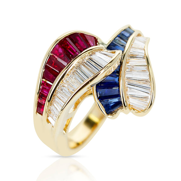 Ruby, Sapphire and Diamond Overlapping Ring, 18k Gold