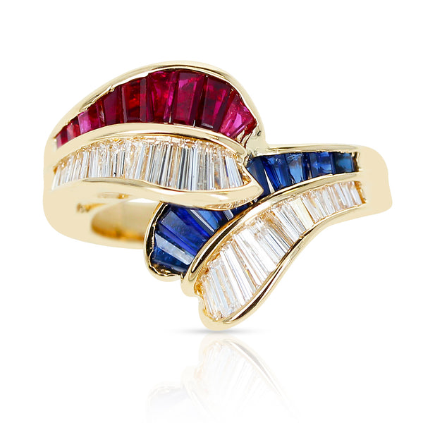 Ruby, Sapphire and Diamond Overlapping Ring, 18k Gold