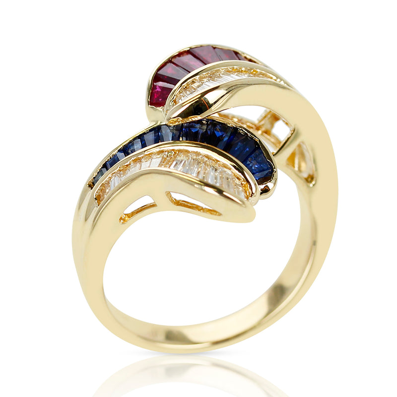 Ruby, Sapphire and Diamond Overlapping Ring, 18k Gold
