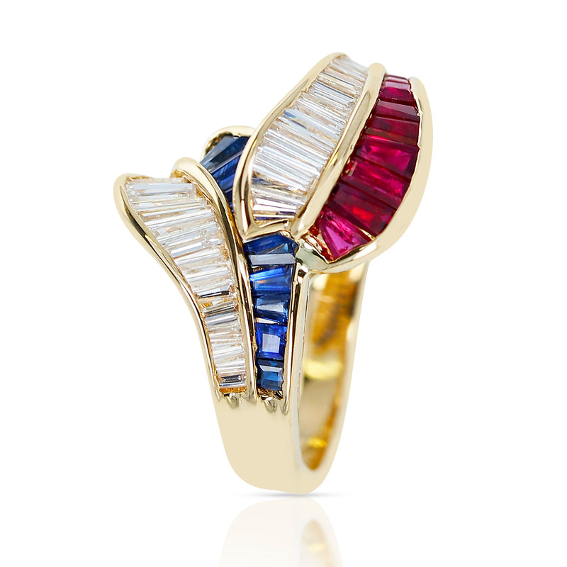 Ruby, Sapphire and Diamond Overlapping Ring, 18k Gold