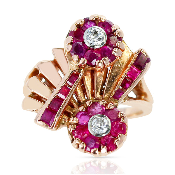 1940s Retro-Style Ruby and Diamond Floral Ring, 14 Karat Yellow Gold
