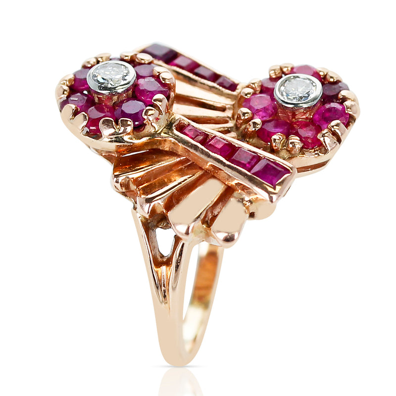 1940s Retro-Style Ruby and Diamond Floral Ring, 14 Karat Yellow Gold