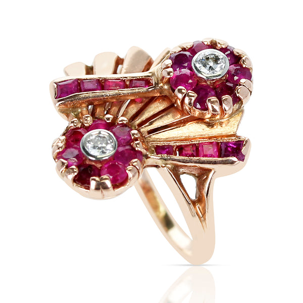 1940s Retro-Style Ruby and Diamond Floral Ring, 14 Karat Yellow Gold