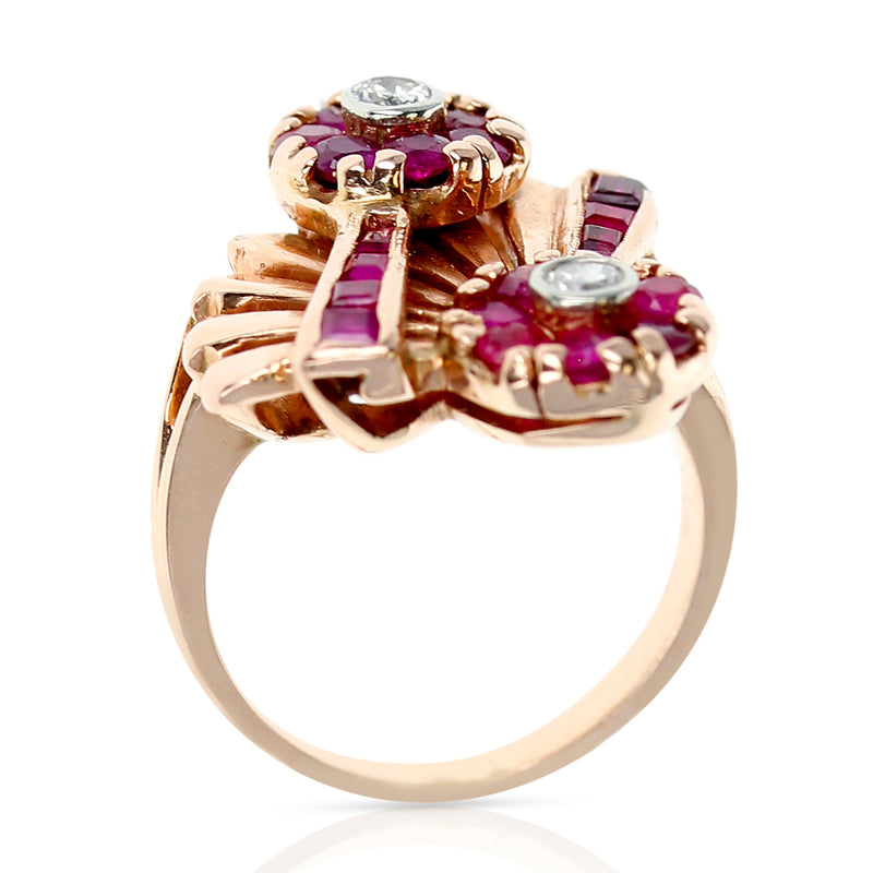 1940s Retro-Style Ruby and Diamond Floral Ring, 14 Karat Yellow Gold