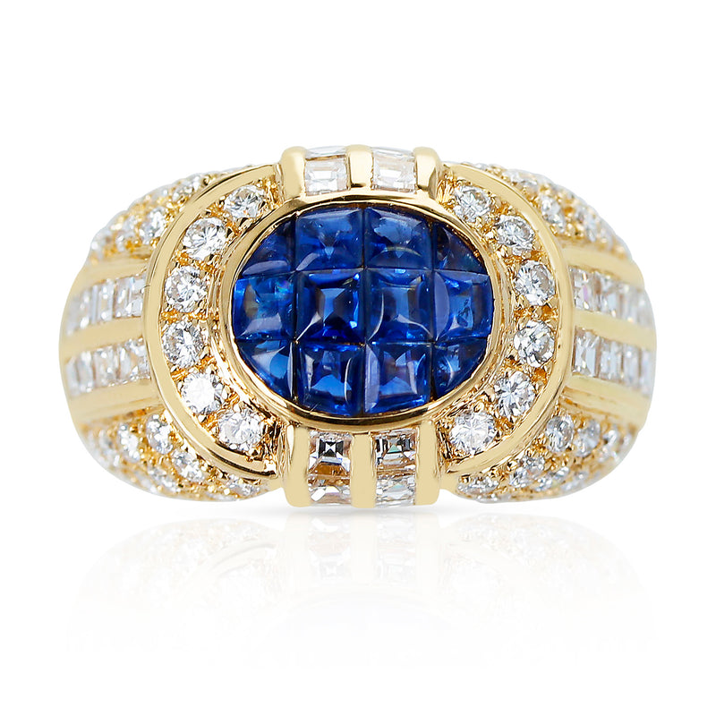 Invisibly-Set Sapphire and Diamond Dome Cocktail Ring, 18k Yellow Gold