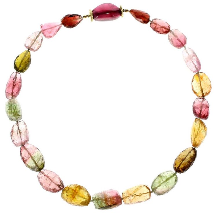 Fancy Color Tourmaline Beads Yellow Gold Necklace