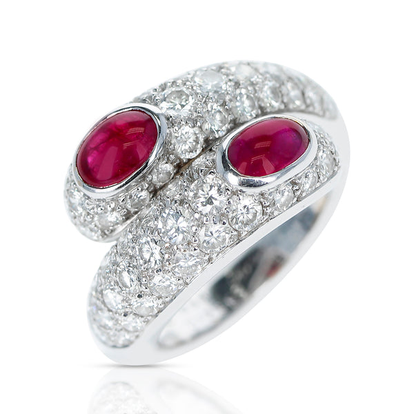 Cartier Double Ruby Cabochon and Diamond Ring with Paperwork, 18K White