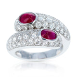 Cartier Double Ruby Cabochon and Diamond Ring with Paperwork, 18K White