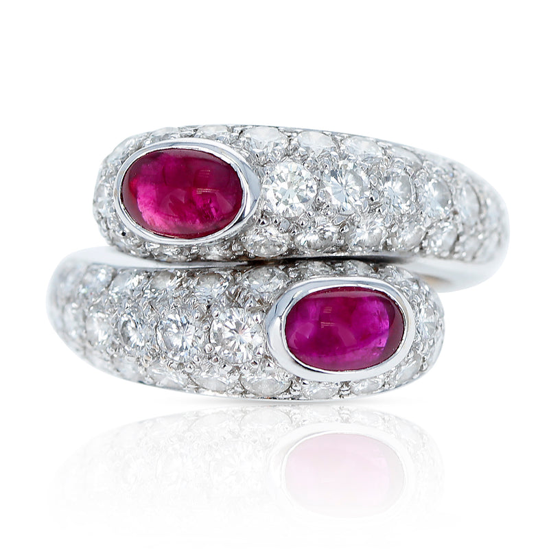 Cartier Double Ruby Cabochon and Diamond Ring with Paperwork, 18K White