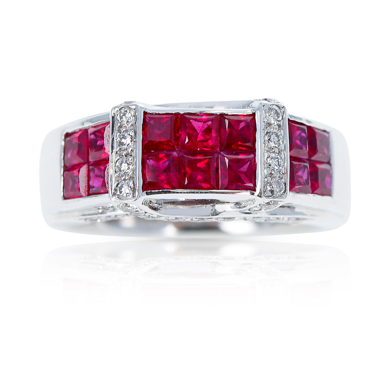 Invisible Set Square Ruby Ring with Diamonds, 18K White Gold