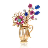 Mixed Cut Ruby, Sapphire, Diamond and Turquoise Flower Pot Brooch, Yellow Gold