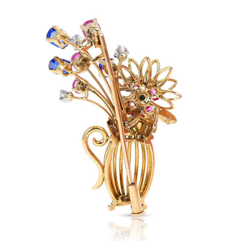 Mixed Cut Ruby, Sapphire, Diamond and Turquoise Flower Pot Brooch, Yellow Gold