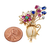 Mixed Cut Ruby, Sapphire, Diamond and Turquoise Flower Pot Brooch, Yellow Gold