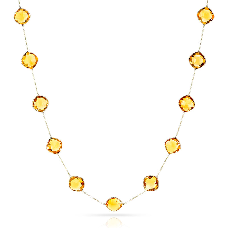 Cushion Shape Citrine Faceted Necklace, 18k Yellow Gold