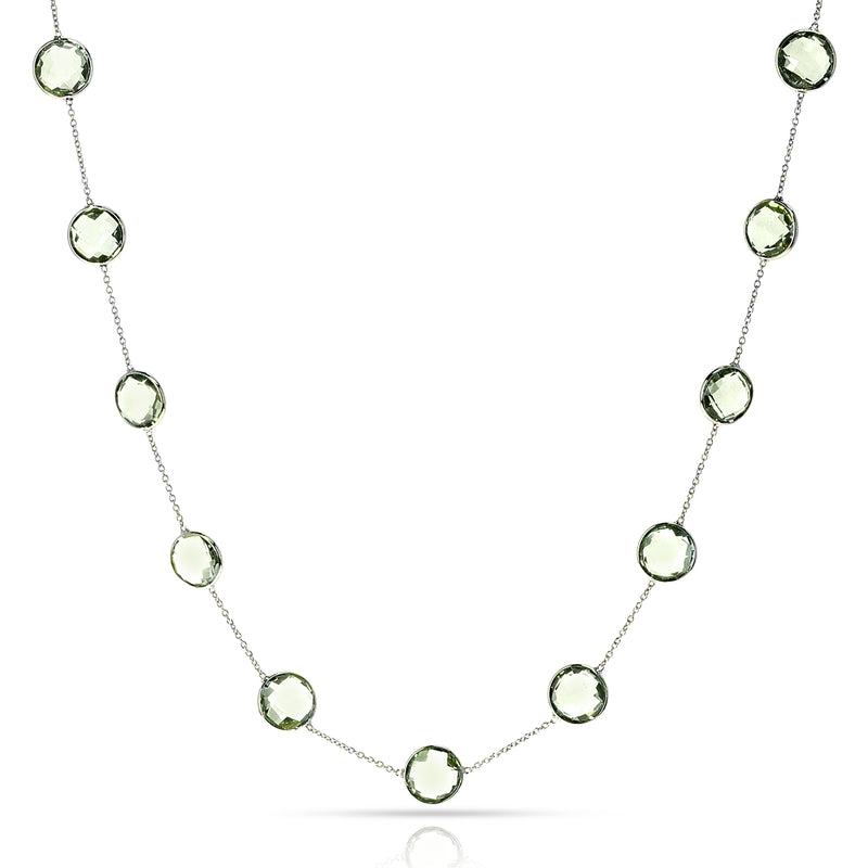 Round Green Amethyst Faceted Necklace, 18k White Gold