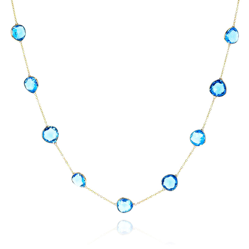 Mixed shape Blue Topaz Faceted Necklace, 18 Karat White Gold