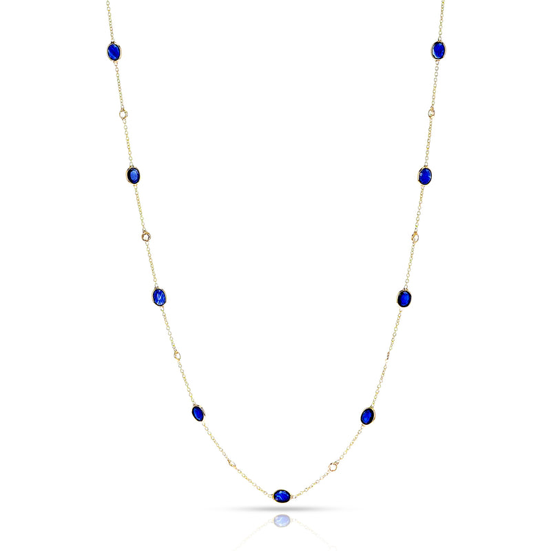 Dark Blue Sapphire Faceted Necklace with White Diamond Rose Cuts, 18K Yellow Gold