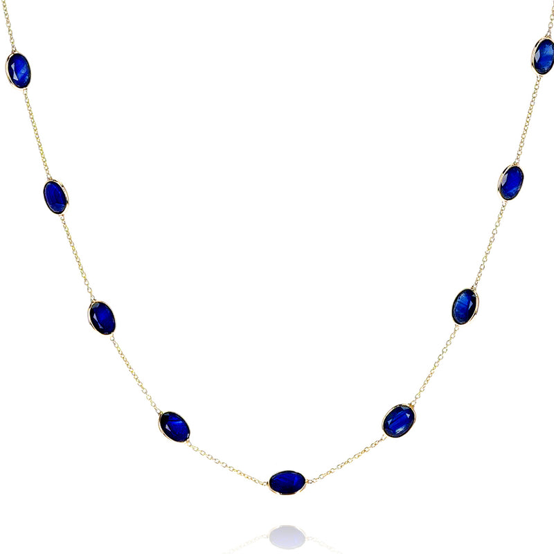 Oval Shape Dark Blue Sapphire Faceted Necklace, 18K Yellow Gold