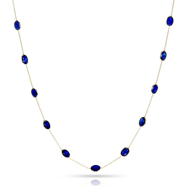 Oval Shape Dark Blue Sapphire Faceted Necklace, 18K Yellow Gold