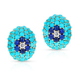 Retro Turquoise and Sapphire Cabochon Earrings with Diamonds, 18k