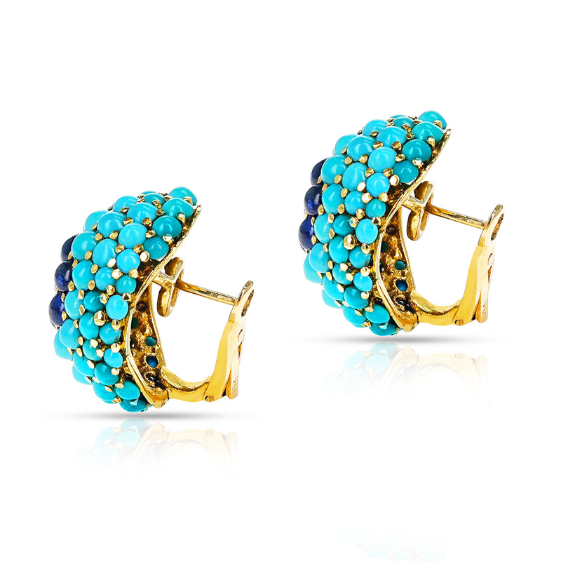 Retro Turquoise and Sapphire Cabochon Earrings with Diamonds, 18k