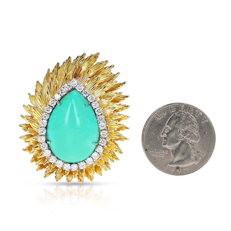 Pear-Shape Turquoise and Diamond Leaf Brooch, 18k
